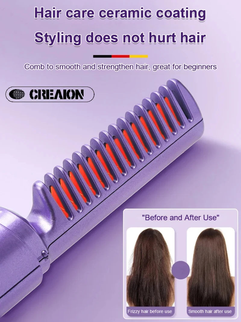 Wireless Hair Straightening Comb USB Rechargeable Portable Hair Straightener Lazy Curl Straight Dual Purpose Mini Curling Wand